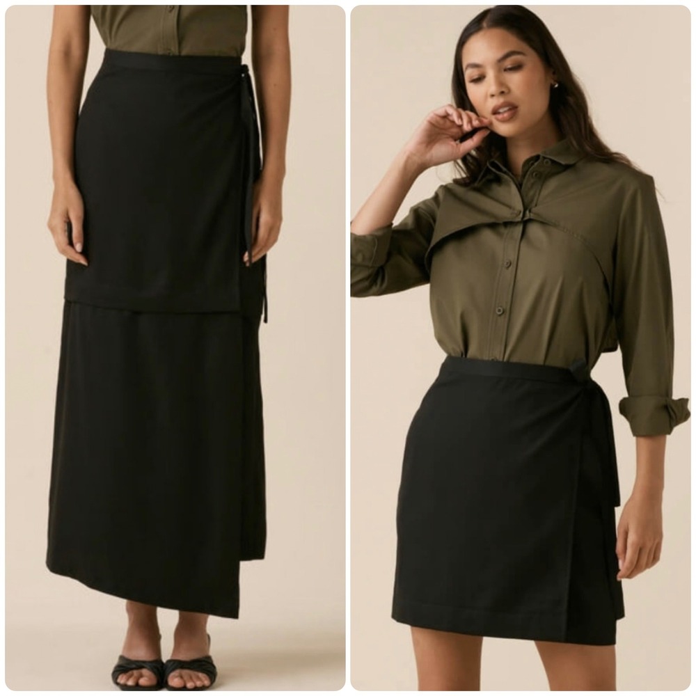 VETTA Womens Black Capsule Wardrobe Convertible Wrap Utility Midi Mini Skirt M‎
